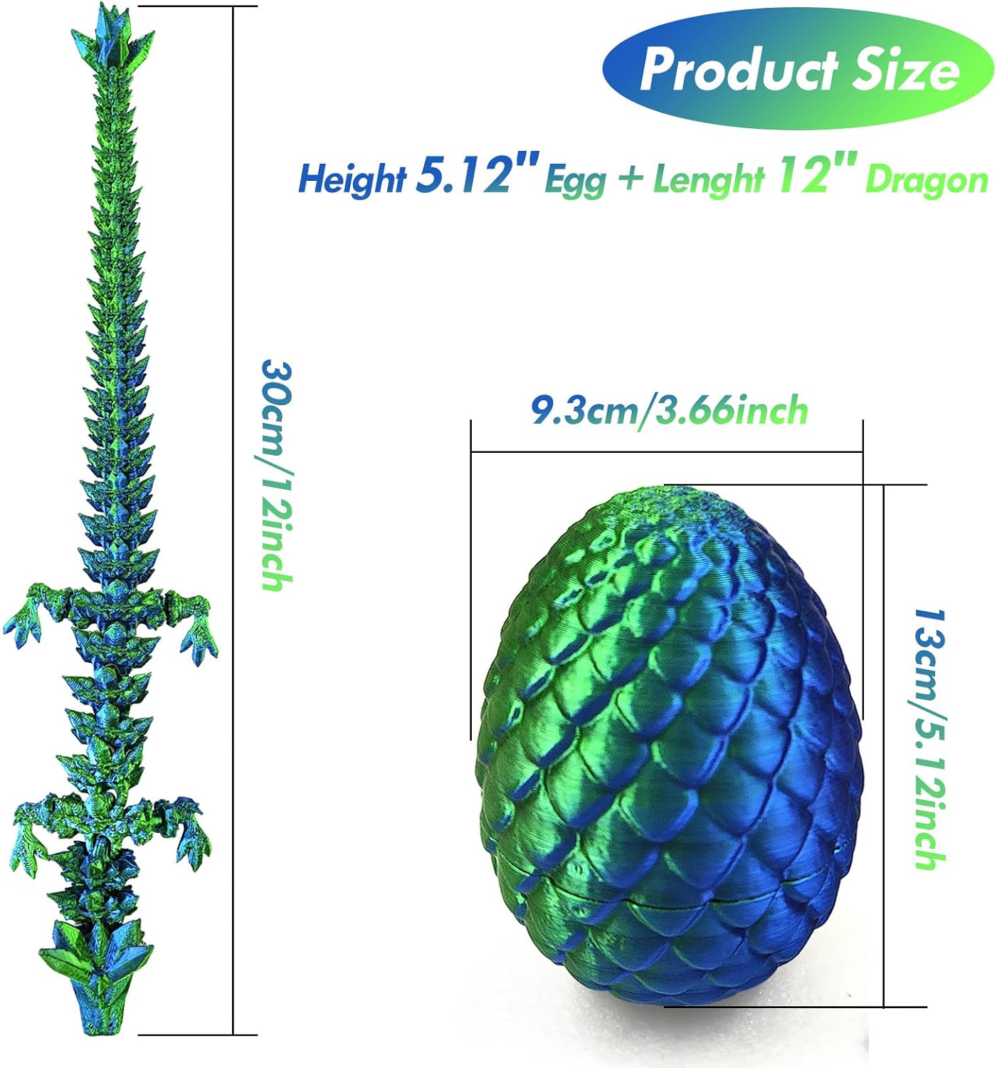3D Printed Dragon in Egg with Dragon Inside,Dragon Surprise Egg,Flexible Joints Home Office Dragon Decor Executive Desk Toys for Autism/ADHD,Crystal Dragon Eggs Fidget Toy (Laser Green)