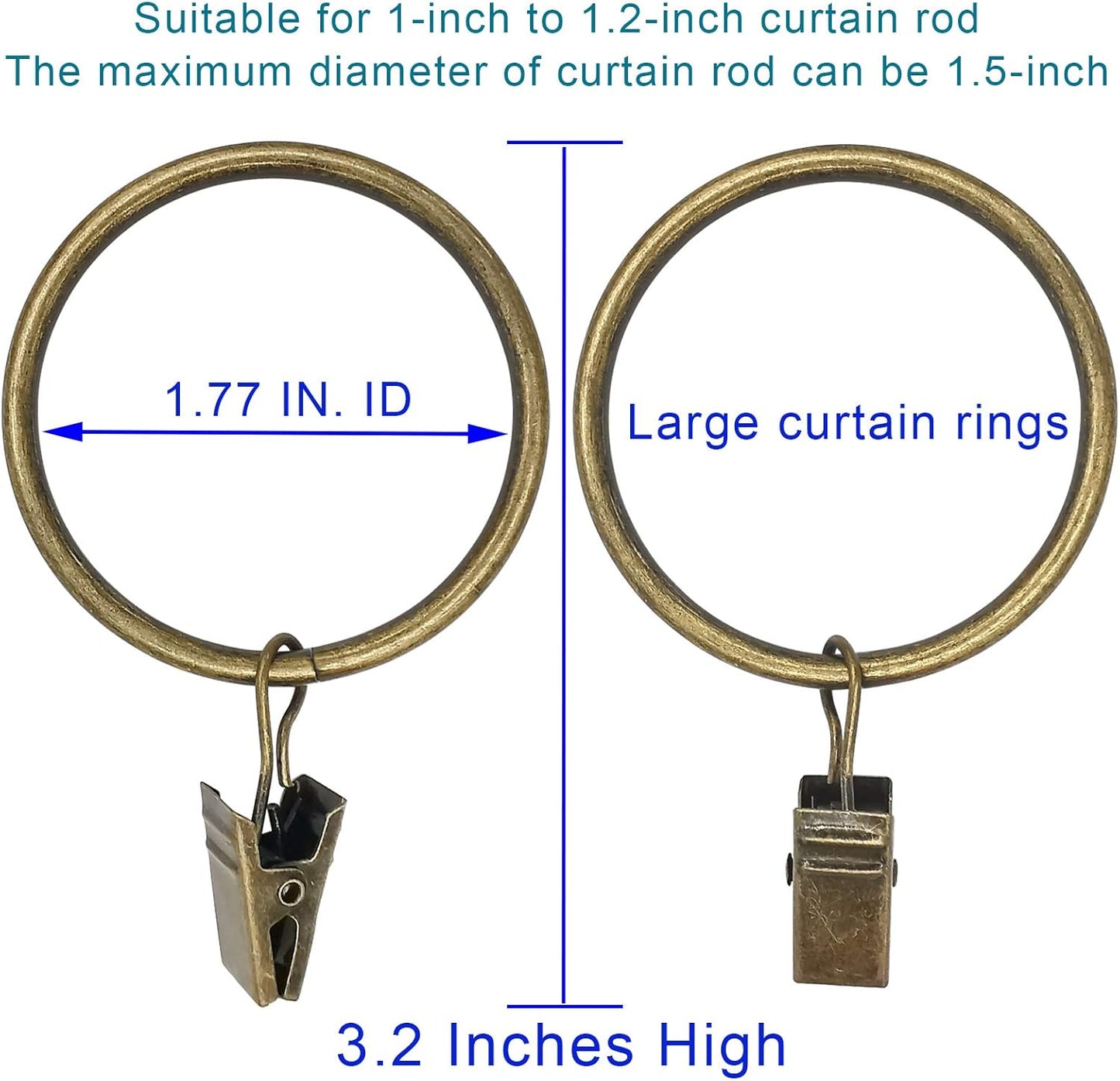 20 Pack Bronze Curtain Rings with Clips, Curtain Hooks Hangers Clip Rings for Hanging Drapes Bows Hat, Drapery Rings 1.77 in I D, Fits up to 1.5 in Diameter Curtain Rod.