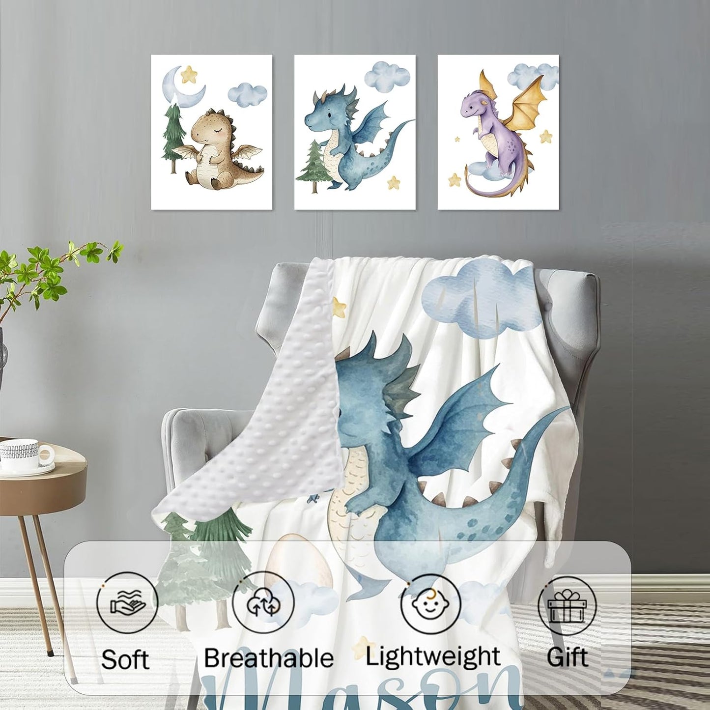 Personalized Baby Crib Bedding Set for Baby Boys Girls, Blue Dinosaur Design Custom Name Baby Crib Sets 5-Pcs, Toddler Double Layer Blanket Fitted Sheets Changing Pad Cover Rug Wall Art Set