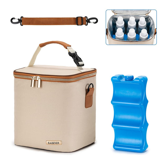 Breastmilk Cooler Bag with Ice Pack Fits 6 Baby Bottles Up to 9 Ounce, Baby Bottle Bag with Shoulder Strap for Nursing Mom Daycare, Cream