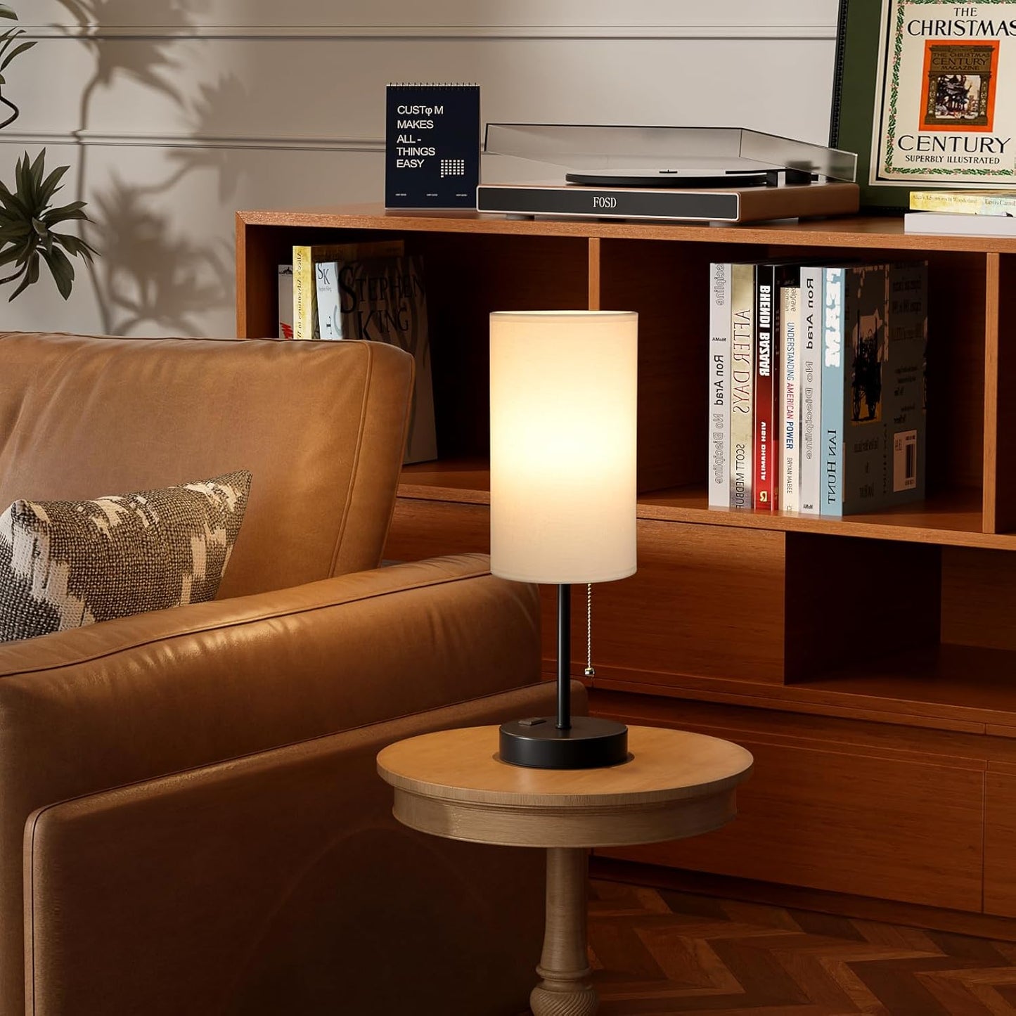 17.4Inches White Bedside Lamp for Bedroom Nightstand - Tall Lamp with USB A + C Charging Port & AC Outlet, 3 Color Temperatures Pull Chain, Side Desk Reading Light for Living Room