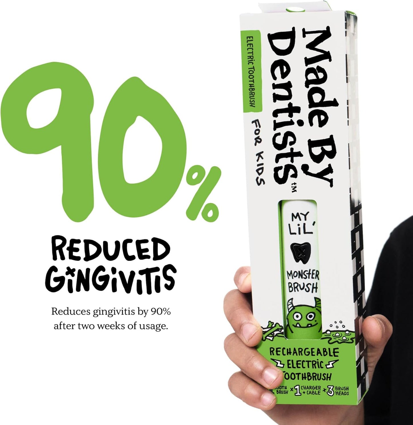 Kids Electric Toothbrush - Rechargeable Vibrating Toothbrush with Timer, Includes 6 Replacement Heads, Gently Cleans Teeth, for Girls and Boys, Kids & Toddlers Age 2+, Monster