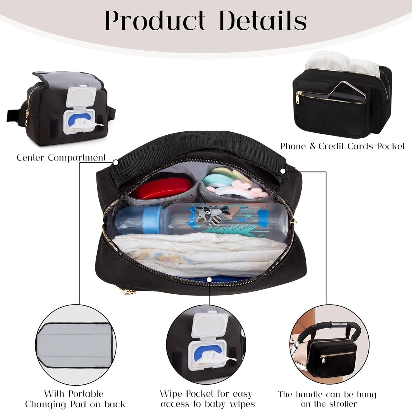 printe Small Diaper Bag with Portable Changing Pad, Crossbody Women Waist Bag with Wipes Pocket for Travel, Stroller Funny Pack, Black