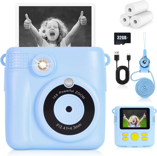 Instant Print Camera for Kids - 2.4 Inch Kids Camera Instant Print with Paper & 32G Card- Digital Children Toys as Christams Birthday Gifts for Girls Boys Age 3-12 - Blue