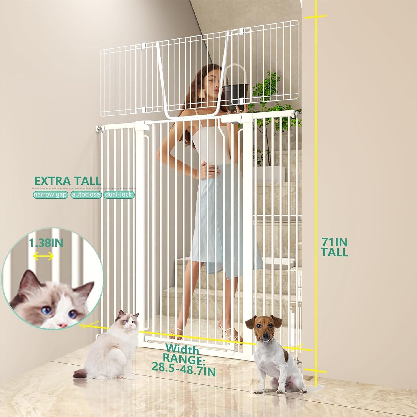 71" Extra Tall Cat Gate for Doorway – 28.5"-48.7" Extra Wide Pet Gate with Adjustable Cat Door Wide,Auto Close, Pressure Mounted, Pet Gate for Cats & Small Dogs, Hallway, Stairs, Kitchen