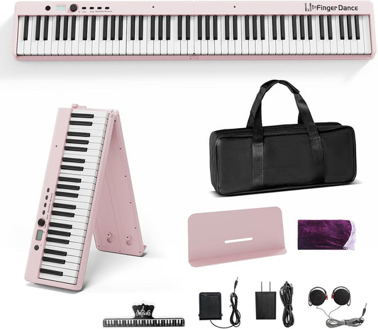 Finger Dance Folding Piano Keyboard 88 Keys, Portable Electric Keyboard with Bluetooth MIDI, Full Size Digital Piano, Wood Grain, Semi-Weighted, Touch Sensitive, with Storage Bag for Beginner