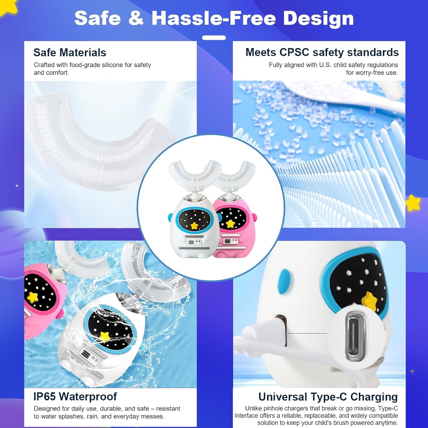 Kids U Shaped Electric Toothbrush with Music, 3 Modes, Voice Teaching, Mouthpiece Cleaning, Soft Bristle, Type-C Charging, Ages 3-12 Boys & Girls (Power Pink)