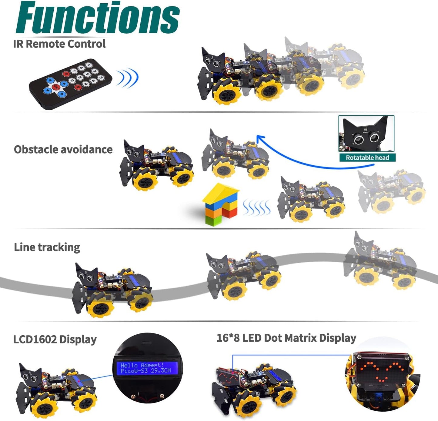 Adeept 4WD Robot Kit Omni-Directional Mecanum Wheels Car for ESP32-S3 Banana Pi PicoW-S3 DIY STEM Remote Educational Robotic with LCD1602 Display, Python Code PDF Tutorials