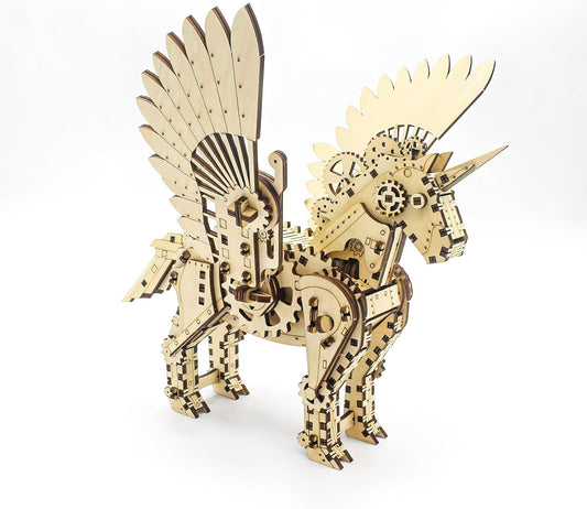3D Wooden Unicorn Mechanical Horse Puzzle - DIY Brain Teaser Game - Educational Toy Kit - Eco-Friendly Construction - Perfect Desk Display Gift for Kids