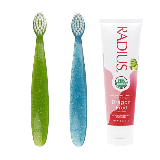 RADIUS Toddler Toothbrush and Toothpaste Bundle for Kids, 2 Pack Totz Extra Soft Brush in Blue and Green Sparkle and 1 Count Dragon Fruit Toothpaste, for Children 18 Months and Up