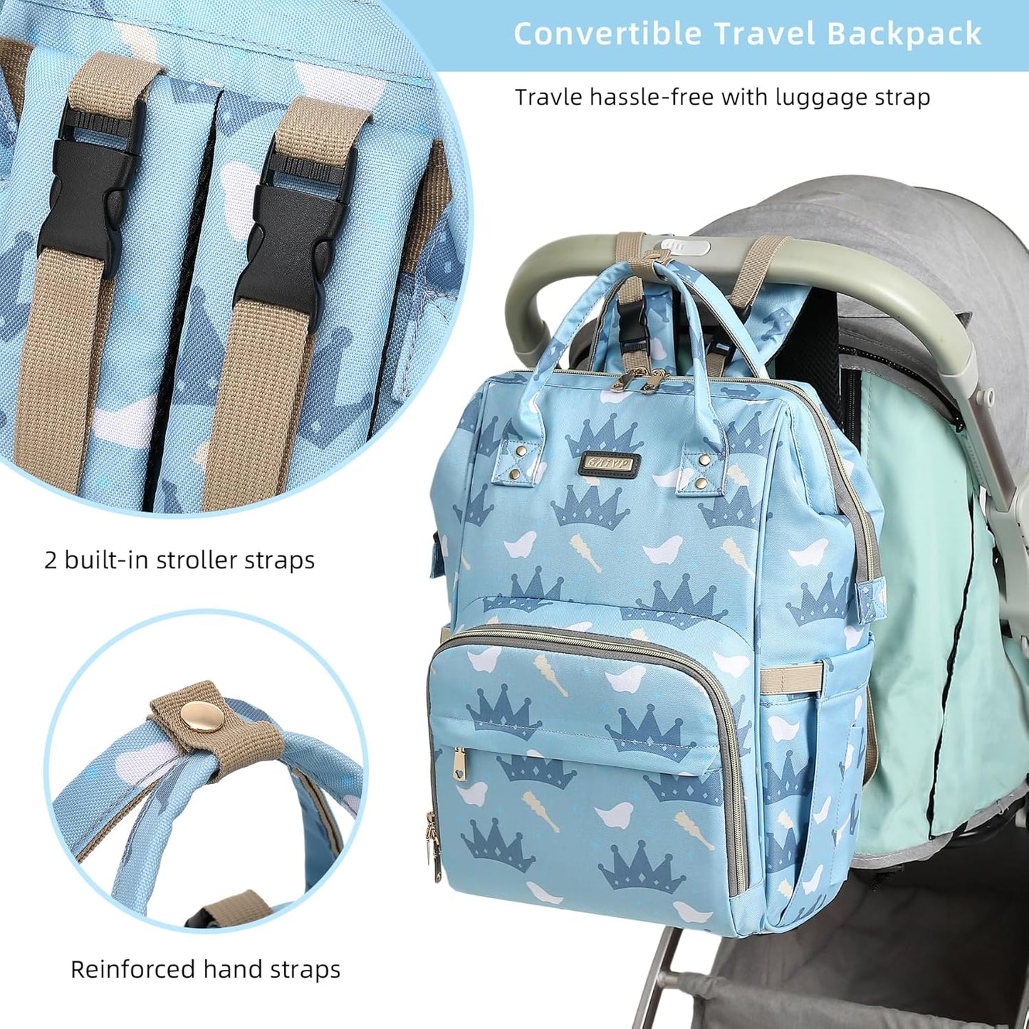 Diaper Bag Backpack, Diaper Bags for Baby Girls Boys, Baby Bags for Moms Dads, Nappy Changing Bag with Insulated Pockets,Multi-functional Waterproof Backpack with Stroller straps-Light blue crown