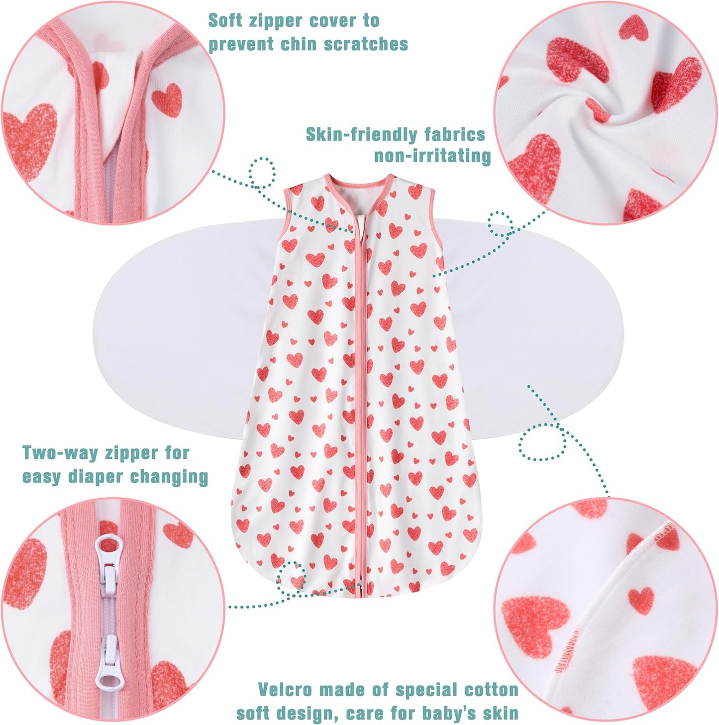 Newborn Sleep Sack Baby Swaddle,Swaddle me 3-6 Month,3-Way Adjustable Wearable Blanket,100% Rayon Cotton Swaddling Sleeping Bag，TOG 0.5 (Love, 3-6 Months)