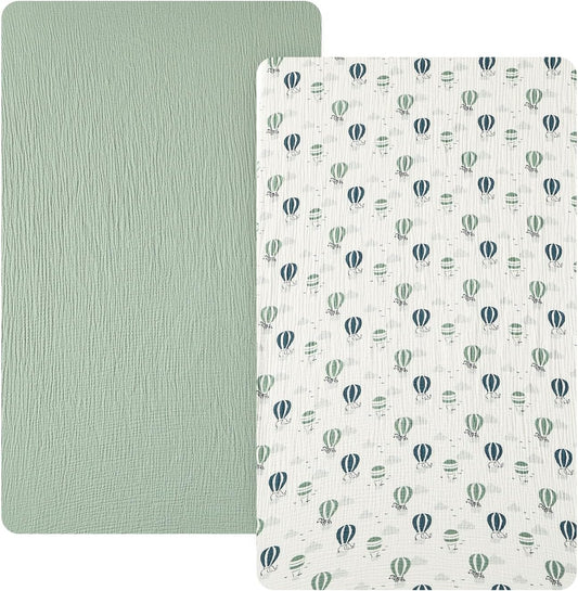 david's kids Muslin Mini Crib Sheets, 2 Pack Cotton Pack N Play Sheets for Boys Girls Neutral, Soft Breathable Baby Sheets Fit Pack N Play, Playard and Mini Crib Mattresses, Animals