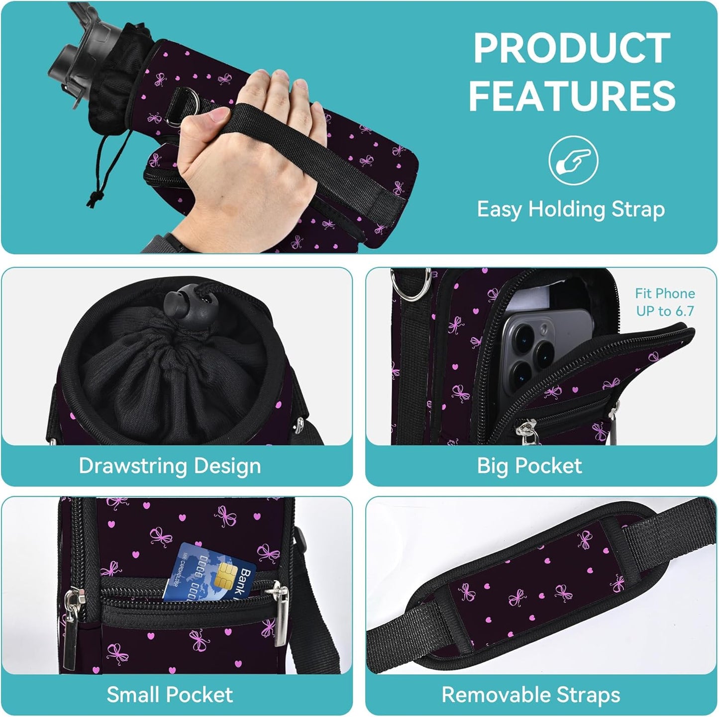 icolor Water Bottle Carrier Bag with Strap 25/32/40 oz Crossbody Bottle Holder with Phone Pocket Sling Sleeve Insulated Neoprene Water Bottle Pouch for Walking Travelling