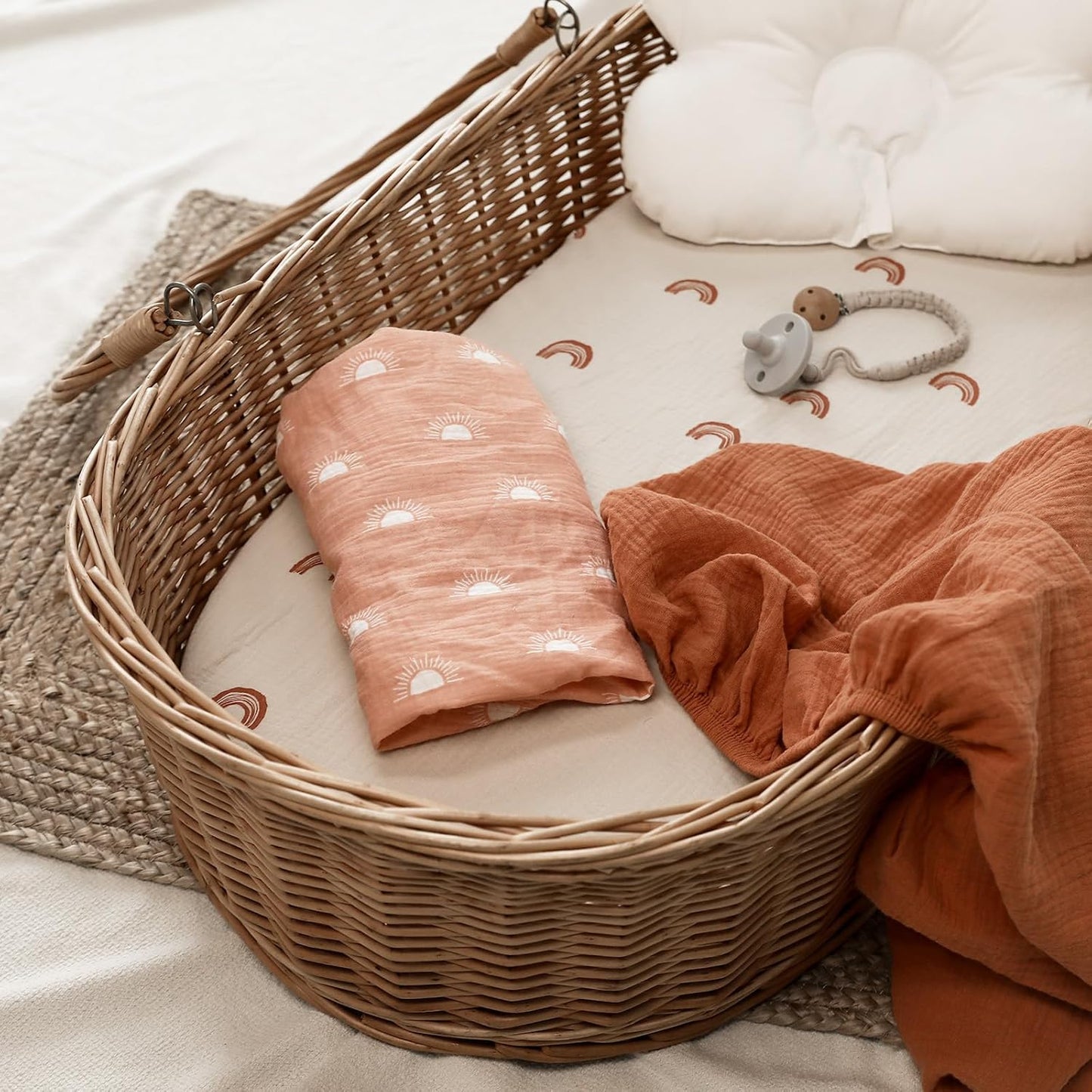 Gllquen Baby Muslin Bassinet Sheets 3 Pack, Breathable Elastic Cozy Fitted Cotton Bassinet Mattress Sheet for Baby Boy Girls, Fit for Hourglass Oval Rectangular Cradle Pad Sheets 33"x17"(Rainbow)