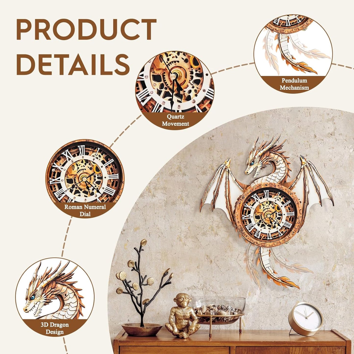 3D Puzzle for Adults Clock-Dragon Design Model Kit-Mechanical DIY Pendulum Clock with Roman Numerals-Desk Office Home Decor Personalized Gift for DIY Lovers