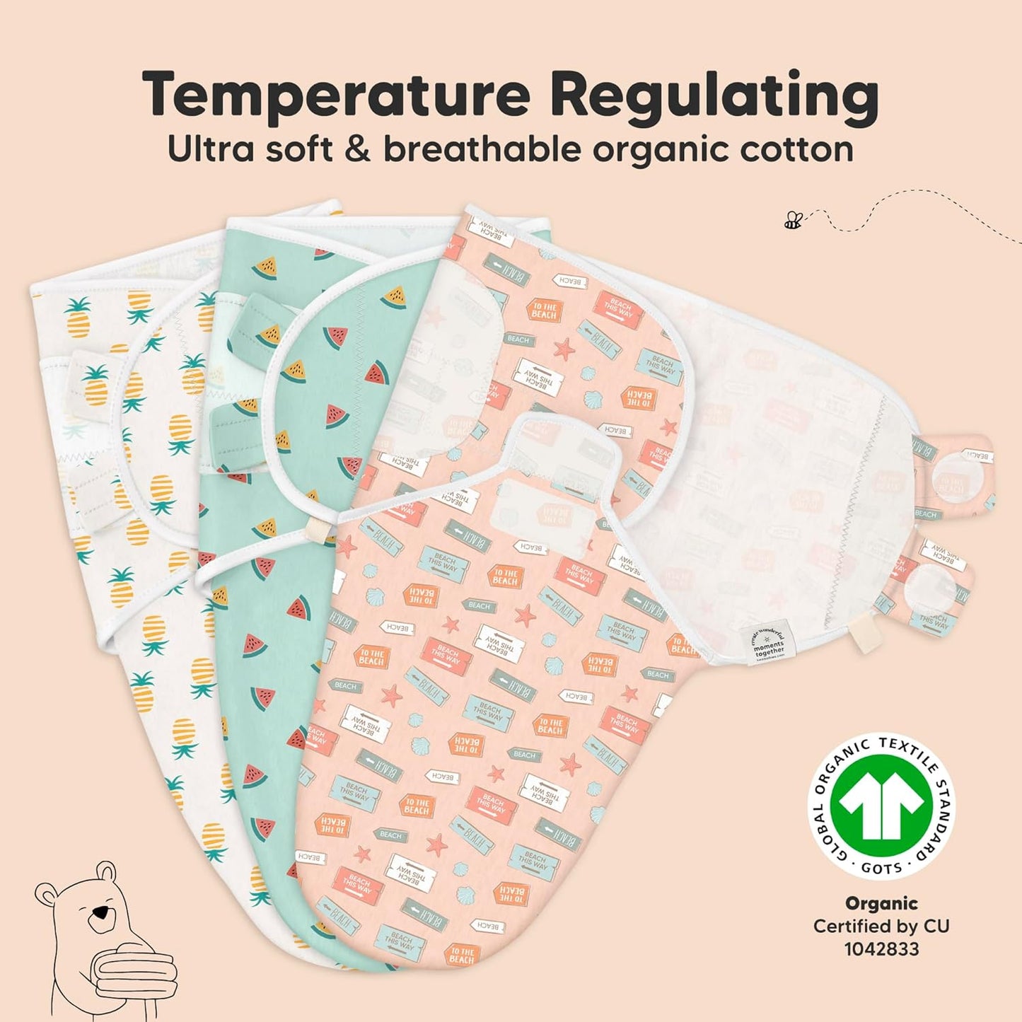 KeaBabies 3-Pack Organic Baby Swaddle Sleep Sacks - Swaddles for Newborns, Infant 0-3 Months, Baby Girls, Boys, Soft & Snug Newborn Sleep Sack, Nursery Swaddling Blankets (Beach Day)