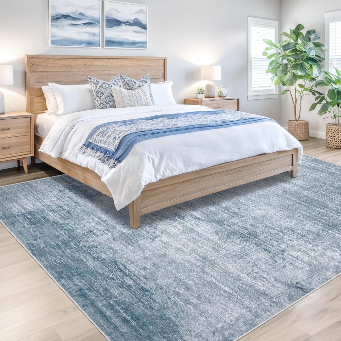 Area Rugs 5x7 Living Room: Washable Rug Modern Abstract Large Rugs Soft Non Slip Neutral Rug Stain Resistant Indoor Carpet for Bedroom Kitchen Dining Room Table Nursery Home Office Rugs(Blue,5'x7')