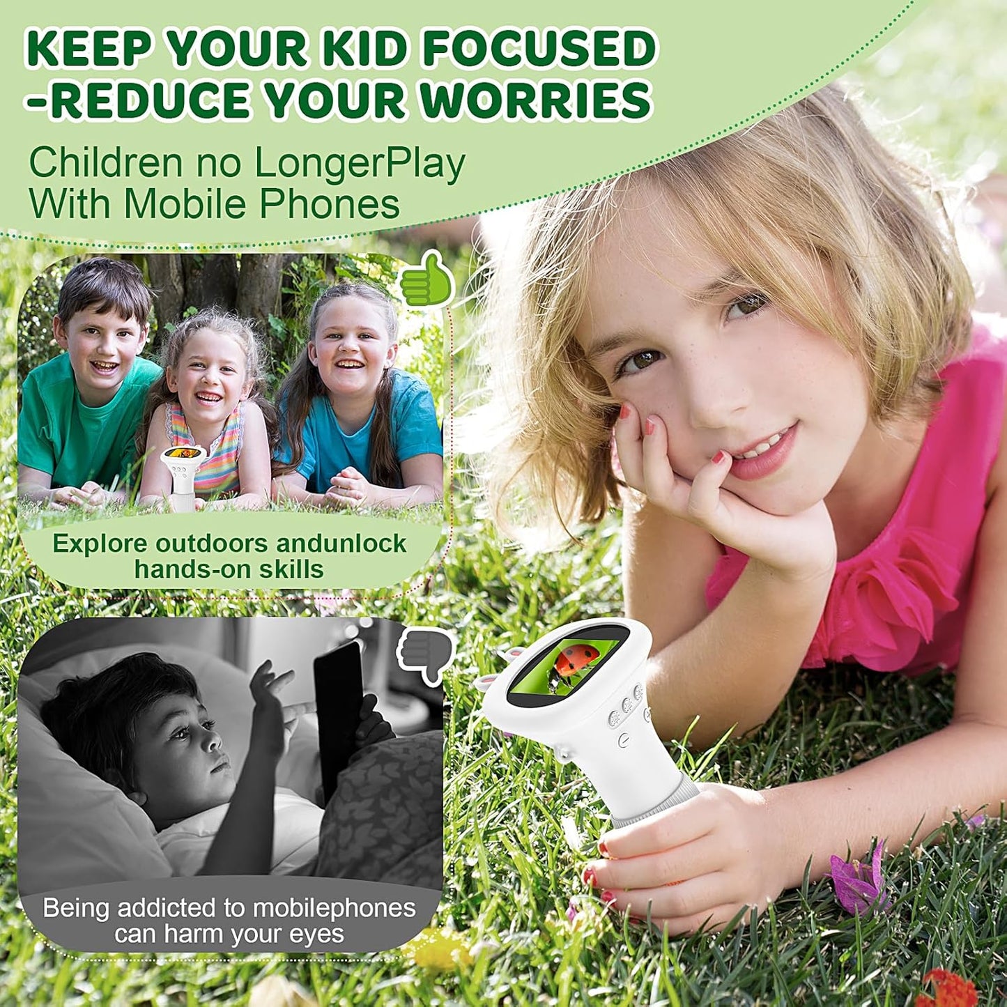 HUTACT Kids Portable Microscope with 2'' Screen - 1000X Digital Handheld Microscope with Prepared Slides Kit, Christmas Birthday Gifts for Kids All Age