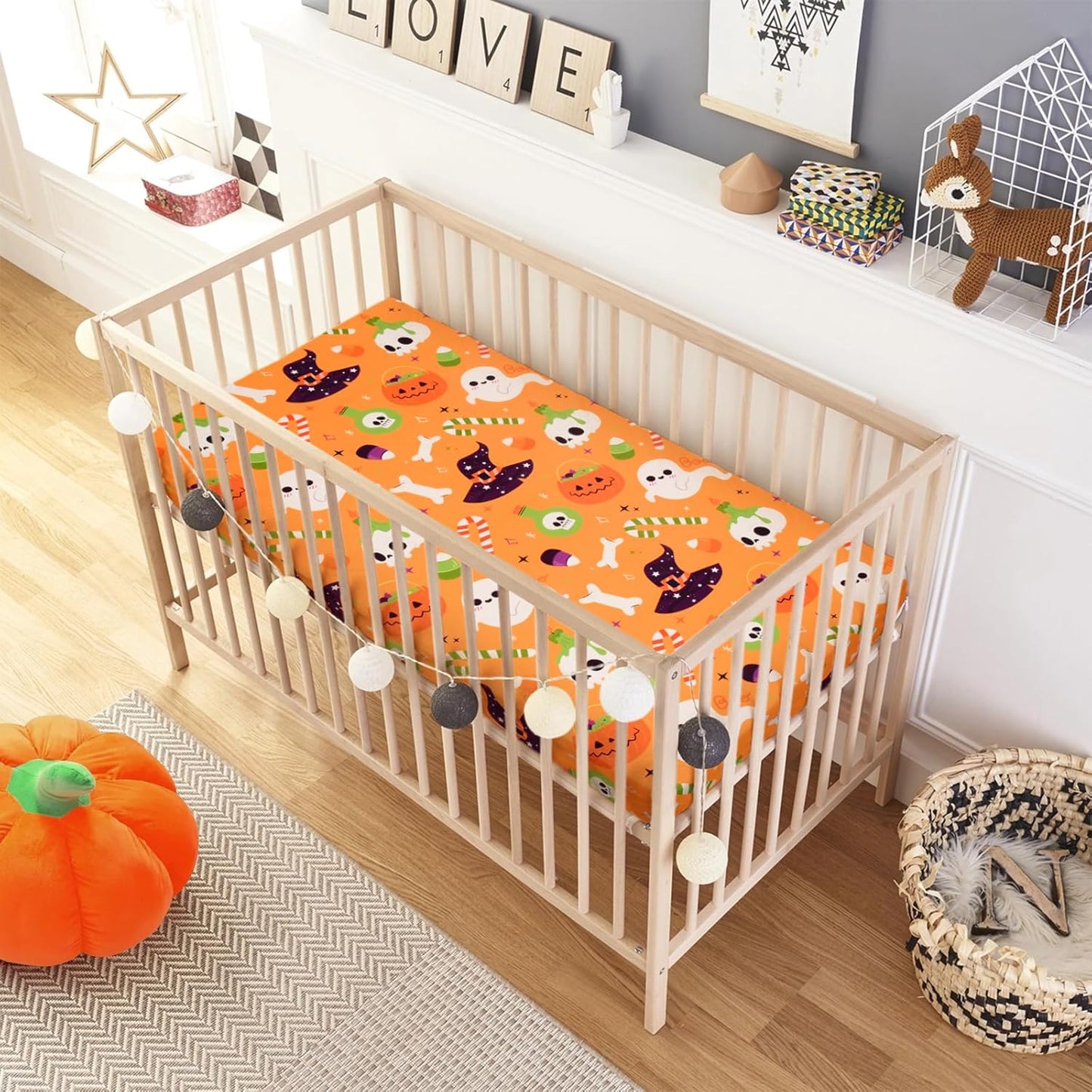 UOMNY Halloween Pumpkin Crib Sheet for Boys Girls Halloween Fitted Crib Sheets for Standard Crib 52 X 28 Inch Toddler Crib Mattresses Sheet, Purple Hat