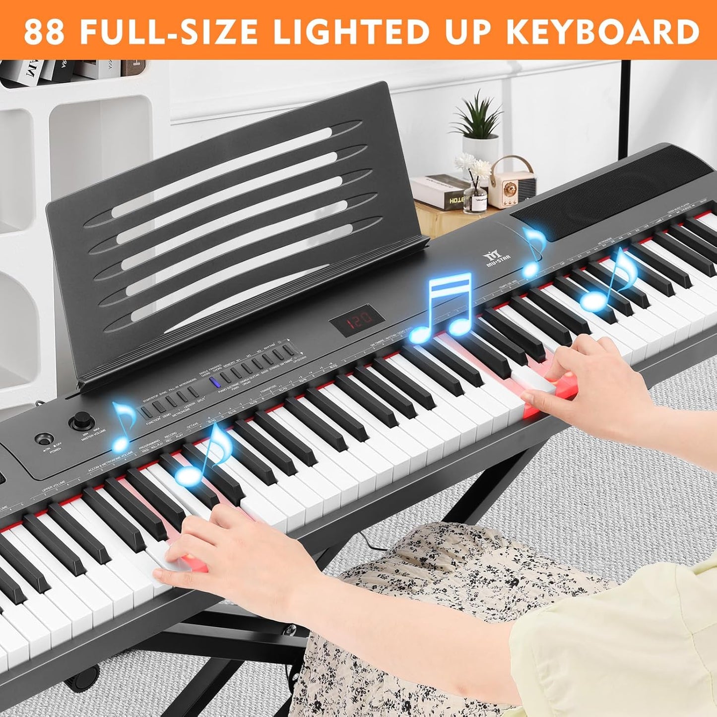 MUSTAR Digital Piano 88 Key Semi Weighted for Beginners, 88 Key Weighted Keyboard Piano with Stand, Full Size Electric Piano Keyboard 88 Keys, Build-in Speakers, Sustain Pedal (Gray-Light Up)