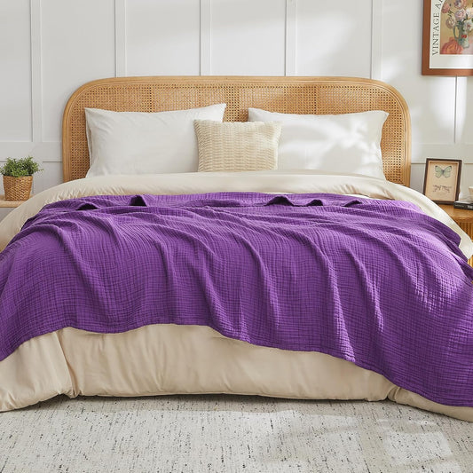 EMME Cotton Muslin King Blanket Bed Layering Breathable Gauze Blanket Soft Lightweight Blankets Adults (Purple, 108"x90")