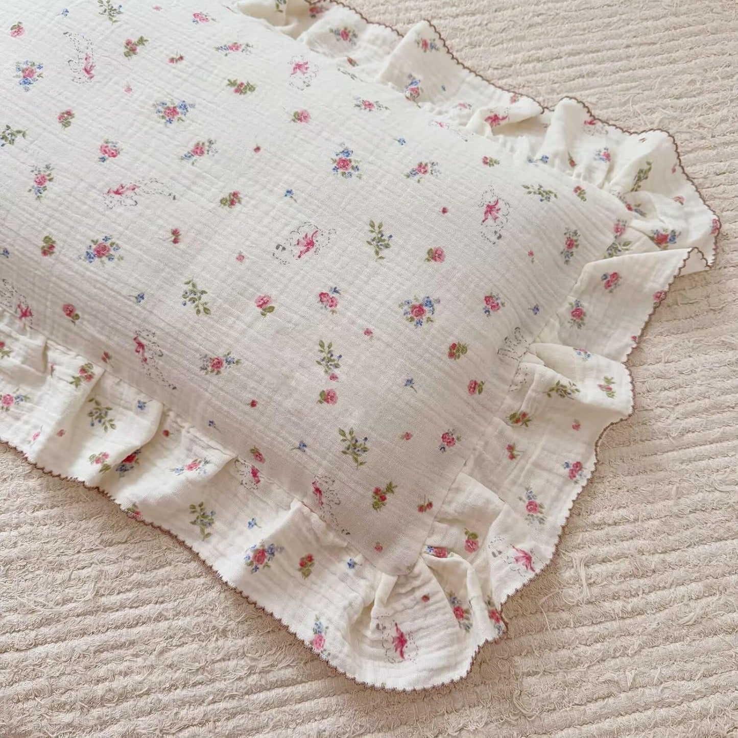 BuLuTu 100% Cotton Standard Pillow Case for Kids, 1 pc, 20"x26", Pink Floral Sheep Design Pillow Cover Muslin Gauze Pillow Protector for Children Girls Boys Bedding Gift, Envelope Closure