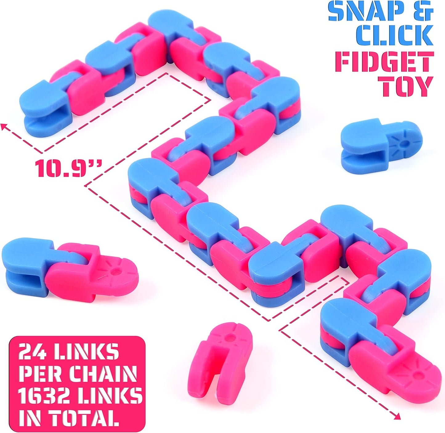 68 Pack 24 Links Wacky Tracks Snap and Click Fidget Toys,Fidget Snake Toy for Party Favors,Plastic Chains Finger Sensory Toys,Stress Relief Toys for Kids