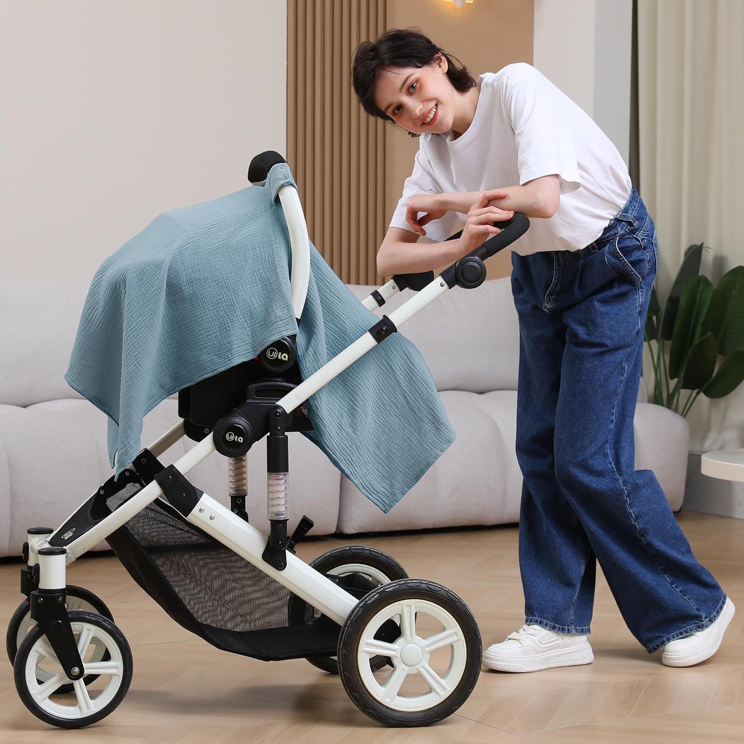 100% Muslin Cotton Car Seat Cover Baby, Carseat Canopy Cover, Universal Fit Stroller Covers for Boys and Girls (Blue)