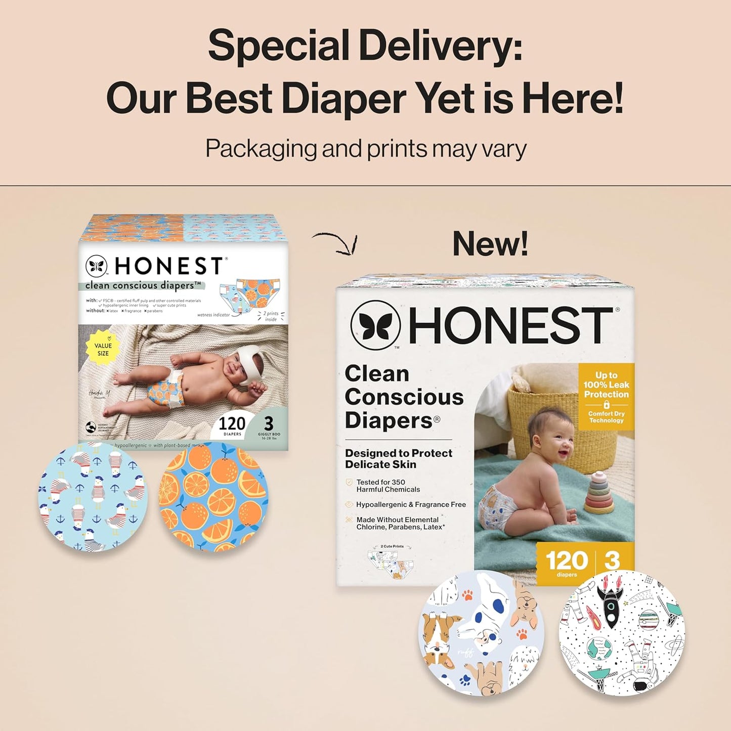 The Honest Company Clean Conscious Diapers for Delicate Skin | Up to 100% Leakproof | Hypoallergenic, Fragrance Free | Gender Neutral | Super Club Box, Size 3 (16-28 lbs), 120 Count (Prints May Vary)