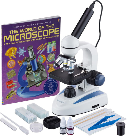 AmScope M158C-SP14-WM-E 40X-1000X Biology Science Metal Glass Student Microscope with USB Digital Camera, Slide Preparation Kit and Book