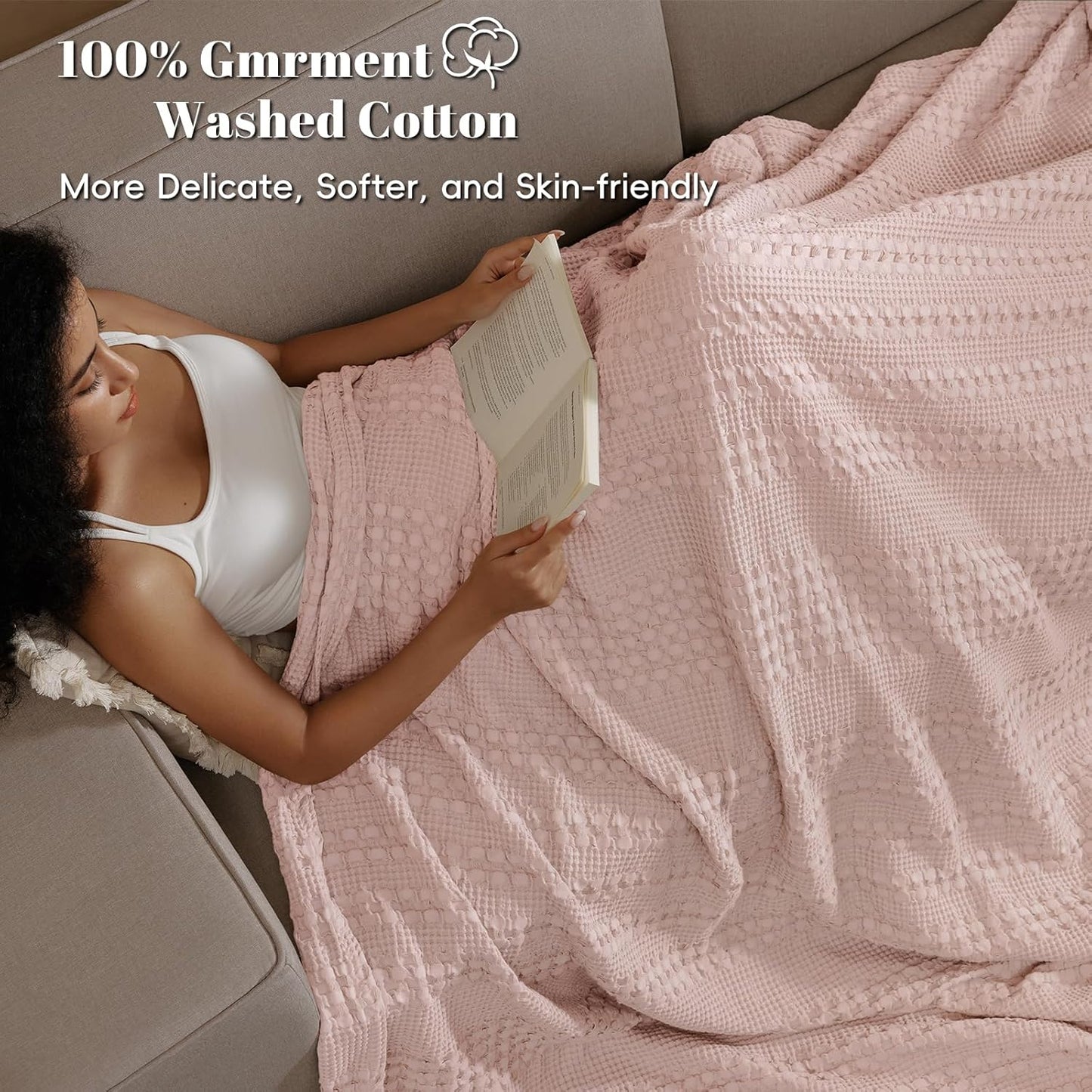 PHF 100% Cotton Waffle Weave Blanket Queen Size, Soft Lightweight Breathable Cozy Summer Blankets for Bed, Luxury Aesthetic Woven Bedding for Home Decor, 90"x90", Pink/Mauve