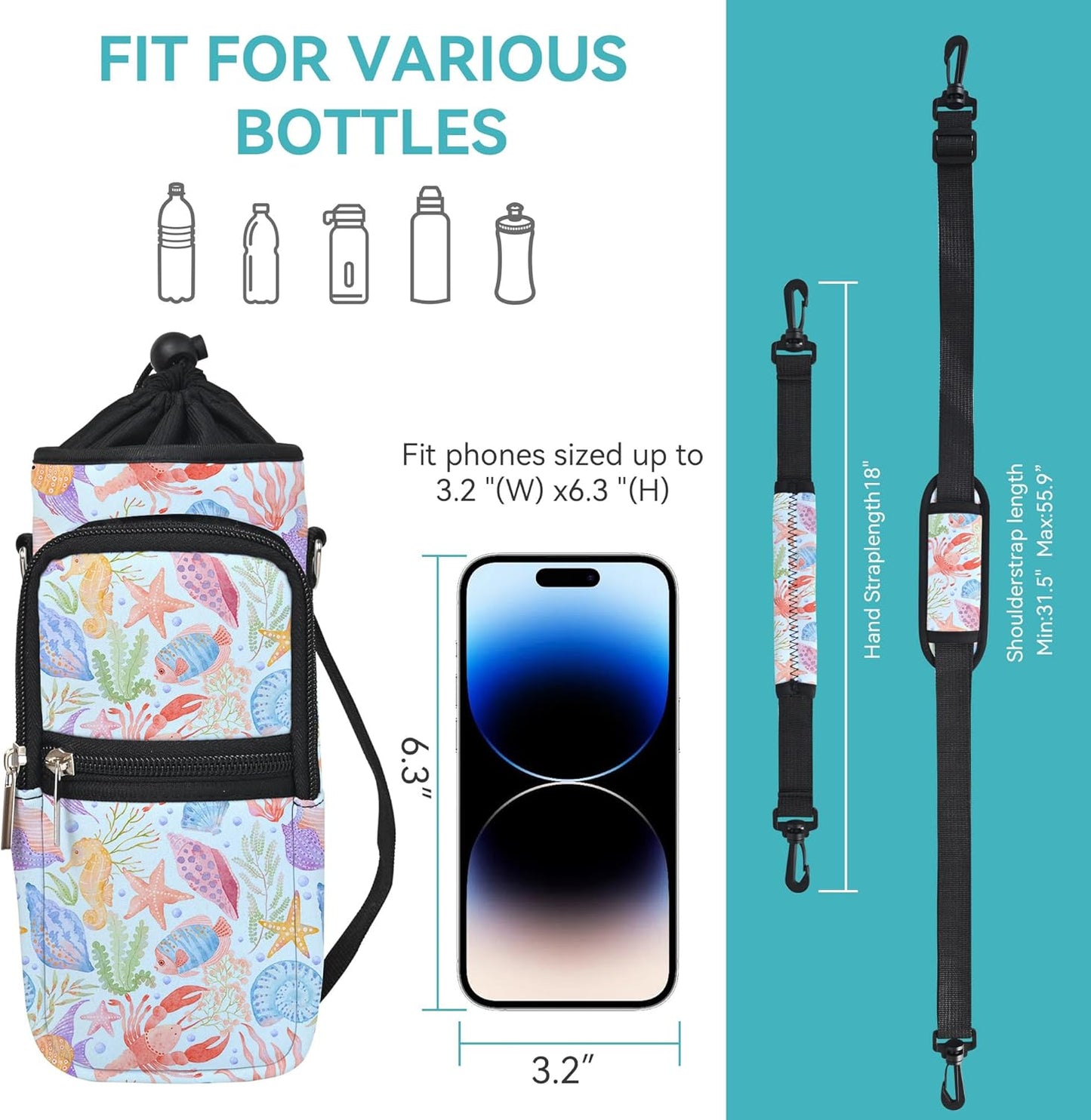 icolor Water Bottle Carrier Bag with Strap 25/32/40 oz Crossbody Bottle Holder with Phone Pocket Sling Sleeve Insulated Neoprene Water Bottle Pouch for Walking Travelling