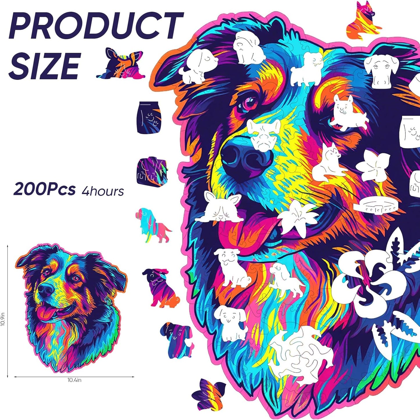 Australian Shepherd Dogs Wooden Puzzle Stained Colorful (9.7 * 11.2in-200pcs) Art Painting Wooden Puzzle for Kids Adults, Birthday Mother's Father's Day Christmas for Dad Mom Son Daughter