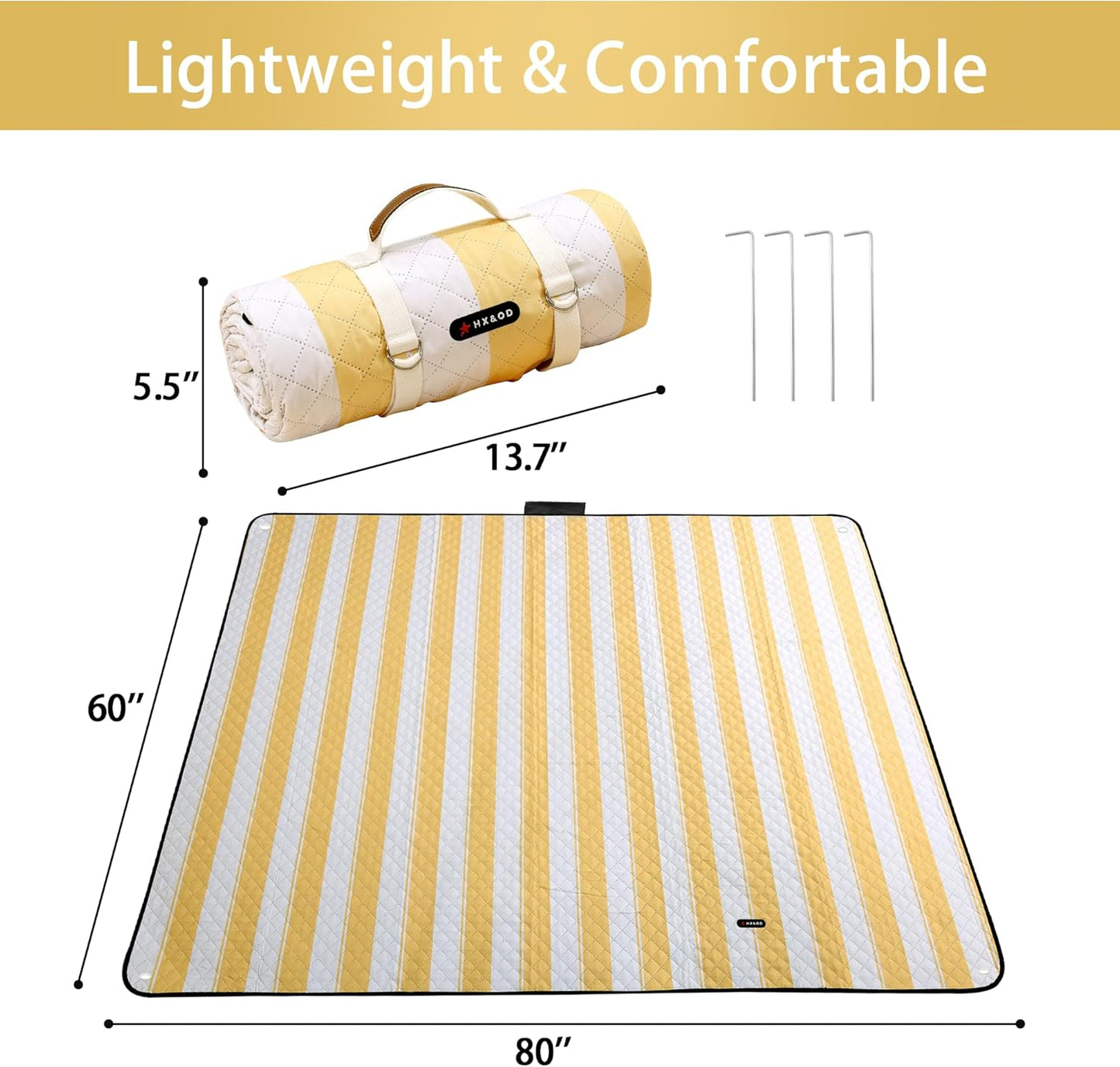 HX&OD Outdoor Picnic Blanket Extra Large, 80''*60'' Waterproof Picnic Mat with Stakes Foldable Camping Blanket Portable with Carry Strap for Beach Mat (Green& White, 80''*60'')