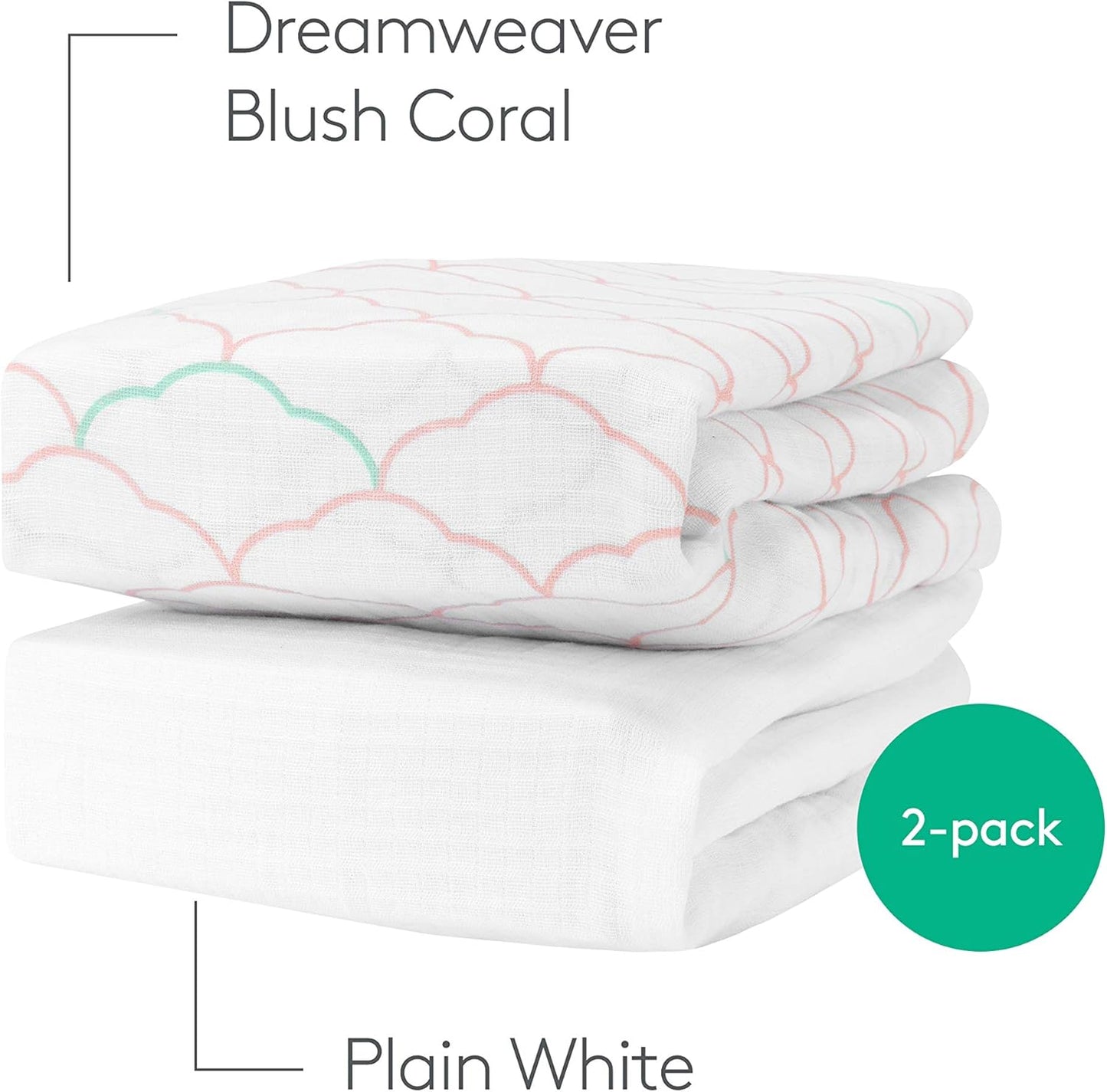 Newton Baby Mini Crib Fitted Sheets (2-Pack) | Organic Muslin Cotton, Ultra Breathable & Soft Baby Sheets, Washable Baby Mattress Sheets, Fits Any Mini Sized Crib 24" x 38", Dreamweaver Coral + White
