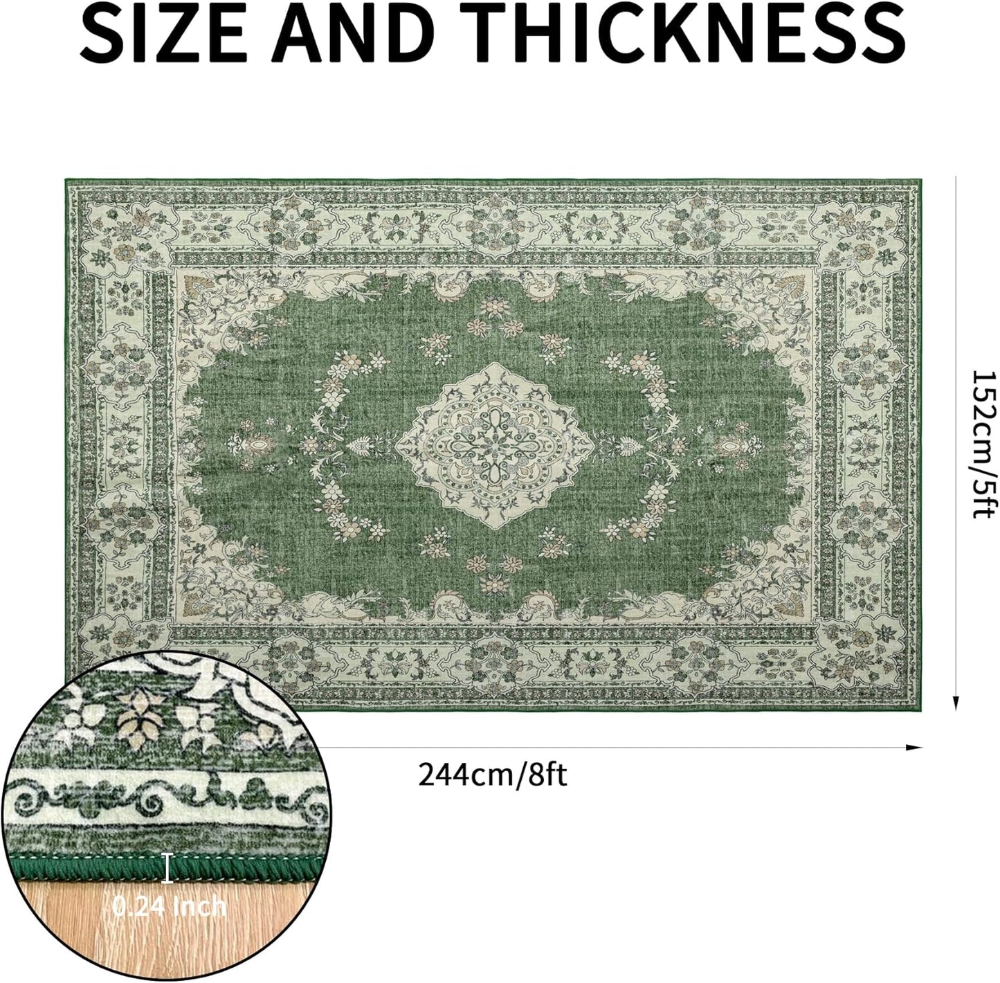 5x8 Area Rug Washable: Oriental Soft Area Rug for Living Room Bedroom No Shedding - Low Pile Thin Carpet Rug for Dining Room Non Slip - Boho Vintage Rug for Home Decor - Olive Green