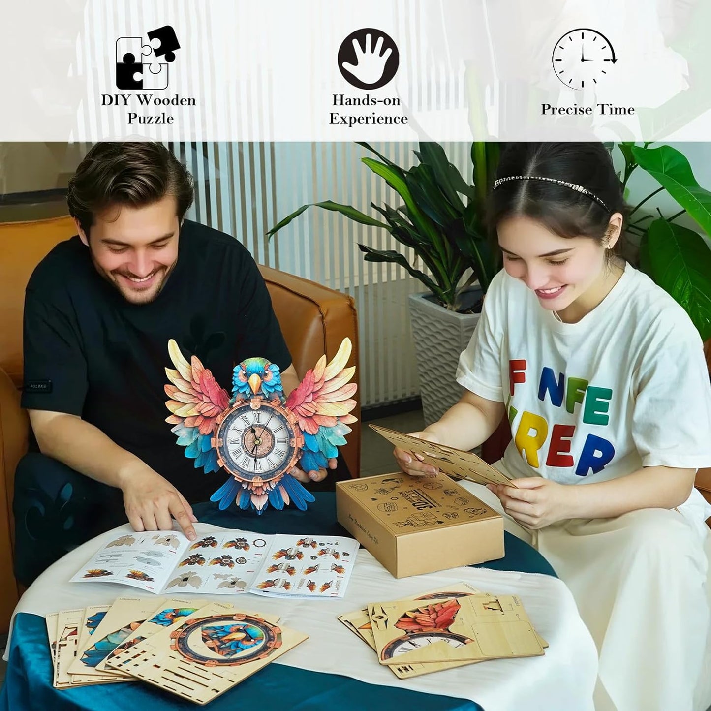 3D Puzzles for Adults Clock-Parrot Design Model Kit-Mechanical DIY Pendulum Clock with Roman Numerals-Desk Home Office Decor Personalized Gift for DIY Lovers