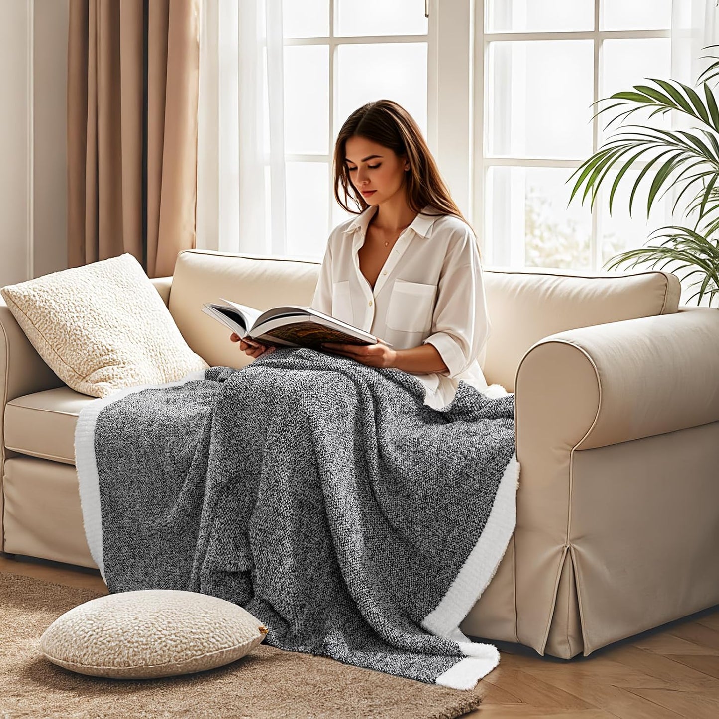 NEXHOME PRO Twin Size Soft Throw Blankets for Couch, Cozy Blankets Reversible Warm Knit Blanket for Women, Fuzzy Plush Lightweight Throws for Sofa, Bed, Picnic, Black 60 x 80 inches