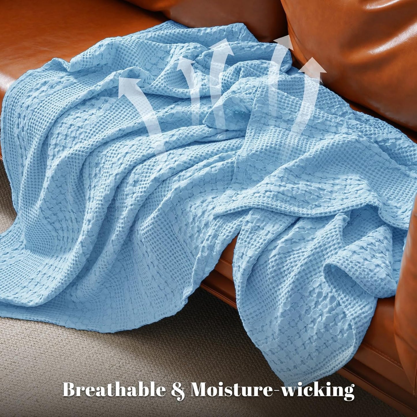 PHF 100% Cotton Waffle Weave Blanket Queen Size, Soft Lightweight Breathable Cozy Summer Blankets for Bed, Luxury Aesthetic Woven Bedding for Home Decor, 90"x90", Sky Blue