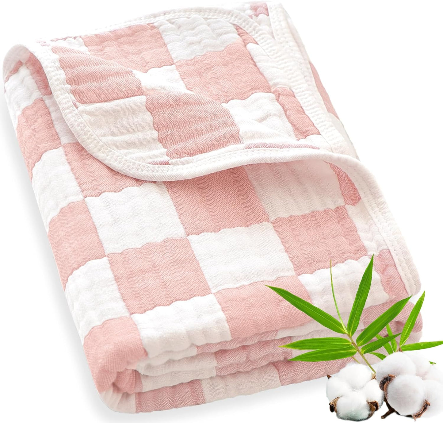 Muslin Swaddle Blankets Neutral, Baby Swaddling Wrap Nursery Blanket for Boys & Girls Unisex, Soft 70% Cotton and 30% Rayon, Large 43 x 43 inches Light Pink Chessboard