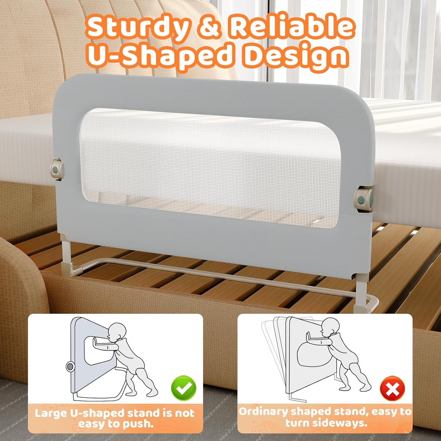 Bed Guard Rail for Toddlers - 47inch Foldable & Adjustable Height Baby Bed Safety Side Rails - Large Toddler Crib Railing Guard for Twin, Bunk, Full Size, Queen & King, Full Size Bed Grey