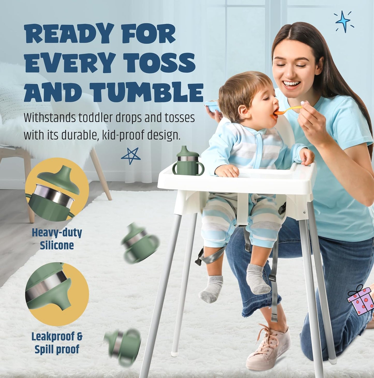 Jumble Dream Baby Sippy Cup, 100% Silicon Training Stainless Steel Kids Cups with Silicon Straw, Toddler Tumbler with Straw Spill Proof |6 Month Plus Toddler Sippy Cup| BPA Free (Blue Moon)