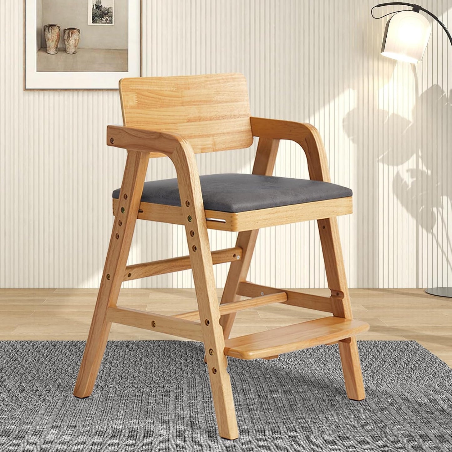 Solid Wood High Chair for Toddlers to Teens, Adjustable Height Toddler Dining Chair, Easy to Clean Toddler Highchair with Removable PU Cushion for Dining, Studying, Step Tool, Natural