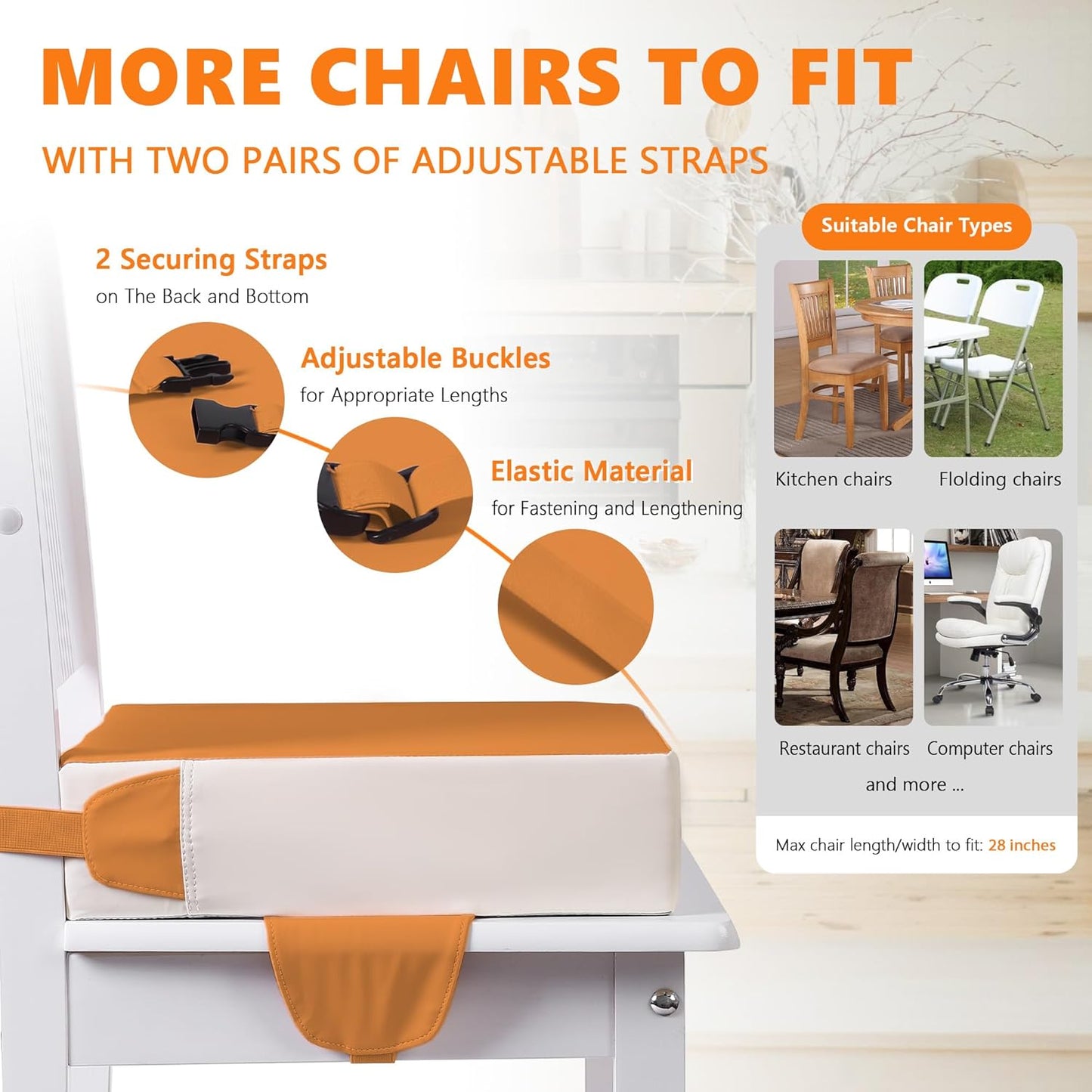 Booster Seat for Kitchen Chair with Adjustable Straps, Toddler Booster Seats for Dining Table Portable for Travel Camping Eating, Booster Cushion for Table for Baby Child Infant Kid Boy Girl