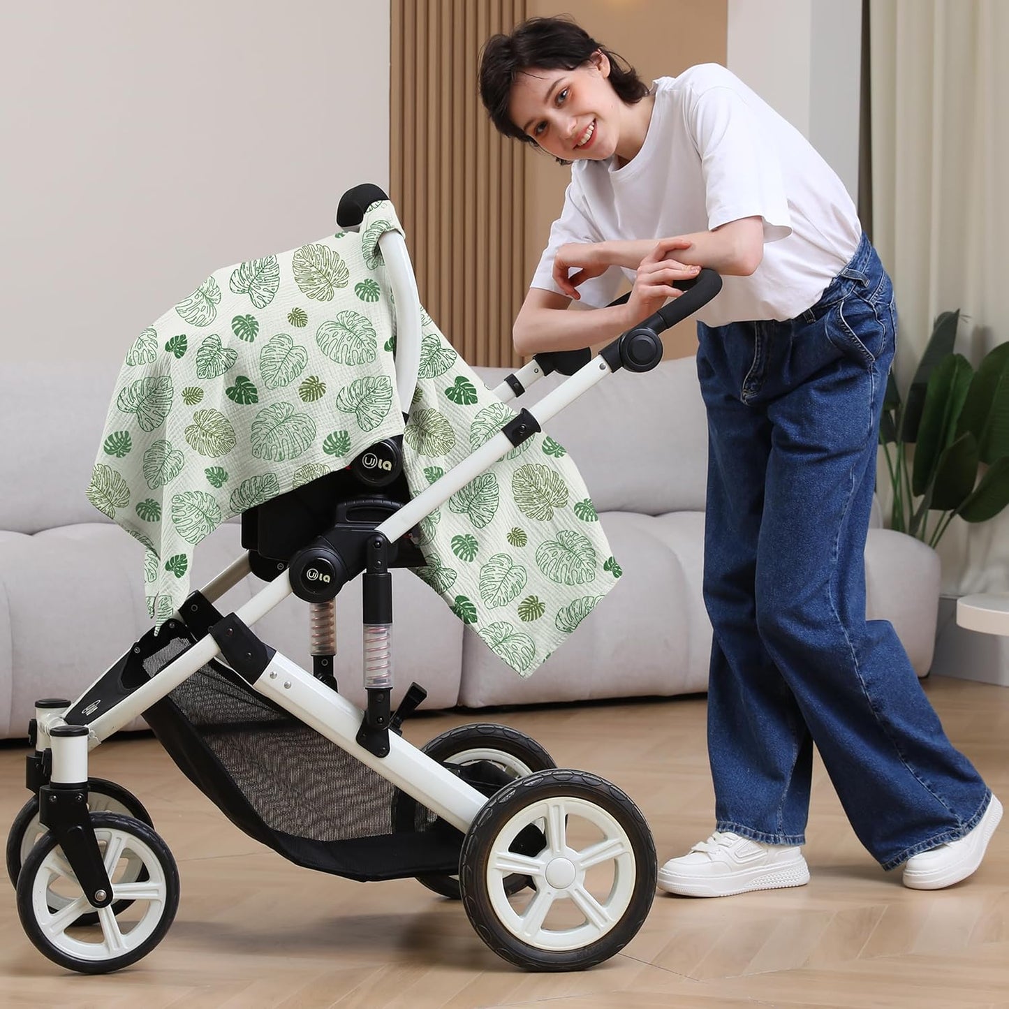 100% Muslin Cotton Car Seat Cover Baby, Carseat Canopy Cover, Universal Fit Stroller Covers for Boys and Girls (Monstera Green)