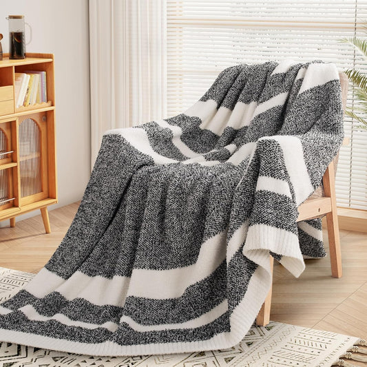 NEXHOME PRO Stripe Throw Blanket, Knit Blanket for Couch Bed Sofa Picnic, Ultra Soft Fuzzy Blankets, Luxury Striped Blanket for Women, Pet, Gifts, Black, 50 x 60 inches