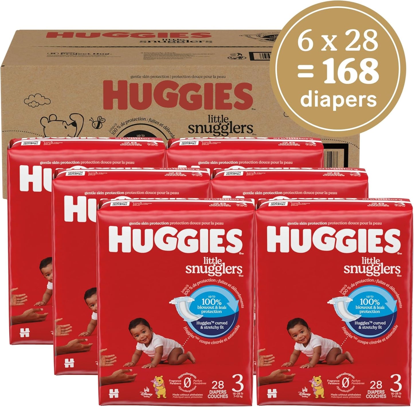 Huggies Size 3 Diapers, Little Snugglers Baby Diapers, Size 3 (16-28 lbs), 168 Count (6 Packs of 28), Packaging May Vary