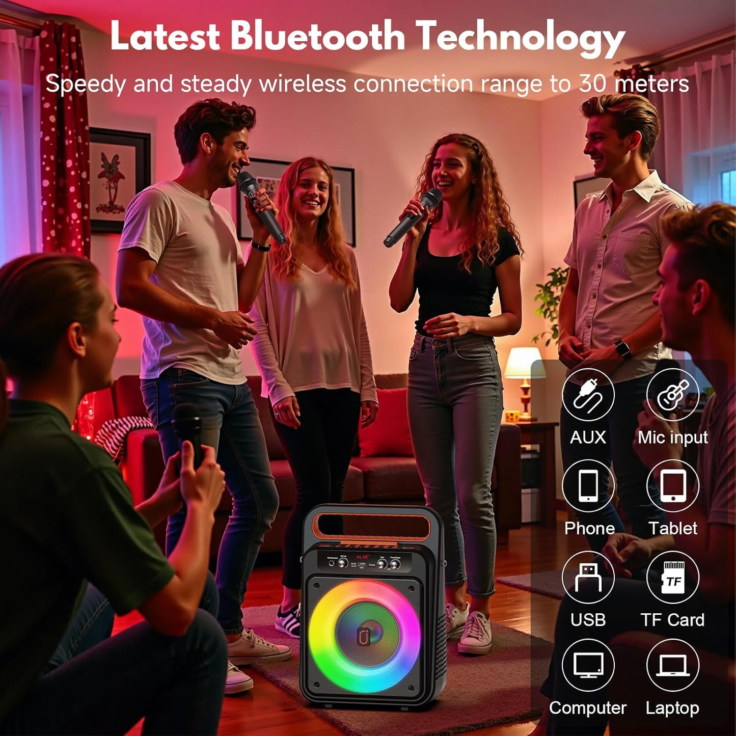 JYX Karaoke Machine with 2 Wireless Microphones, Portable Bluetooth Karaoke Speaker for Adults, PA System Speaker with LED Lights Support REC/USB/AUX/TF for Outdoors Home Party (MS79)