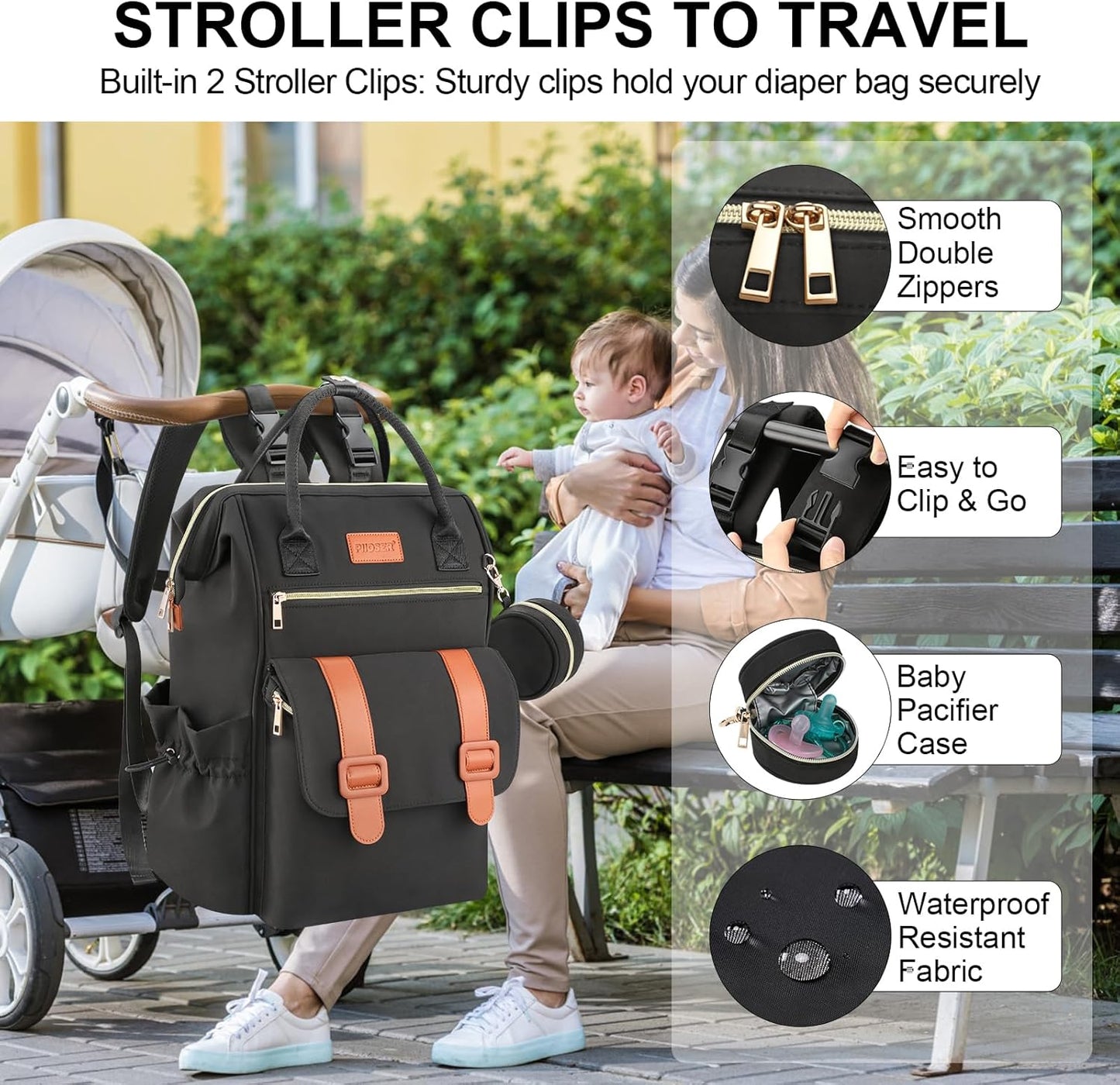 PIIOSER Diaper Bag Tote with Ice Pack, Large Capacity & Waterproof Diaper Bag Backpack for Moms Dads, Insulated Baby Tote Bag with Changing Pad, Stroller Straps & Pacifier Case, Black